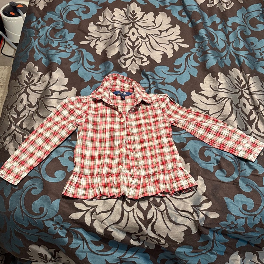 Polo by Ralph Lauren Red and White Plaid Ruffle-Hem Button-Down Shirt